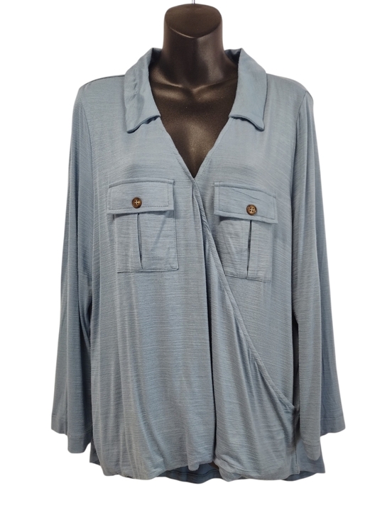 LARA Tops - Lara Fashion 1XL Blue Wrap Front Long Sleeve Collared Shirt Blouse Dual Pockets